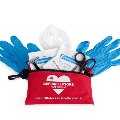 CPR / AED Defibrillator Resus / Prep Kit with red canvas storage pouch.