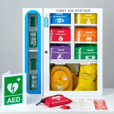 Aero Heartsine 360p in first aid cabinet